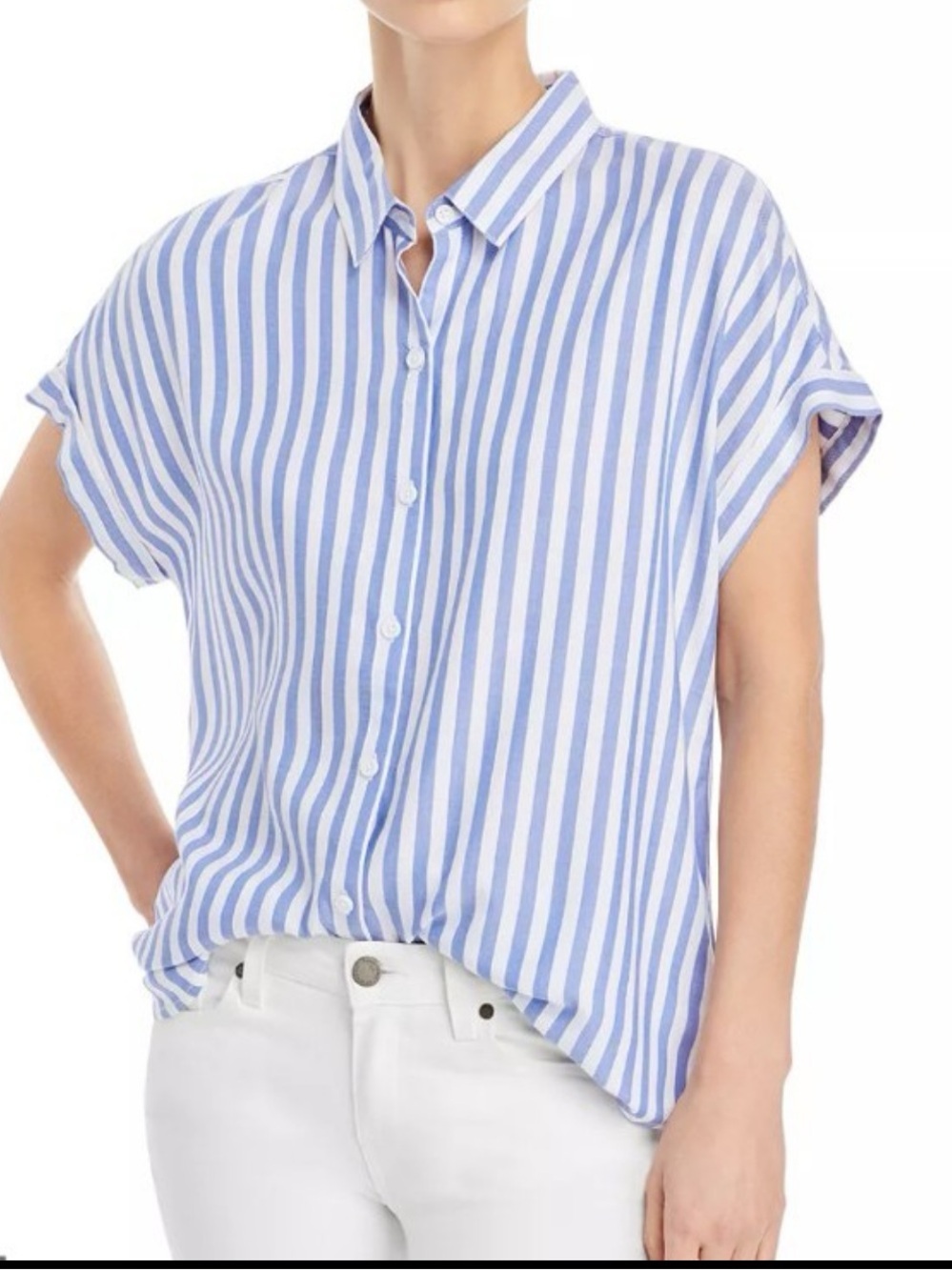 Beachlunchlounge Kenzie Women's Blue Striped Short Sleeve Button Up Shirt large - Picture 1 of 9